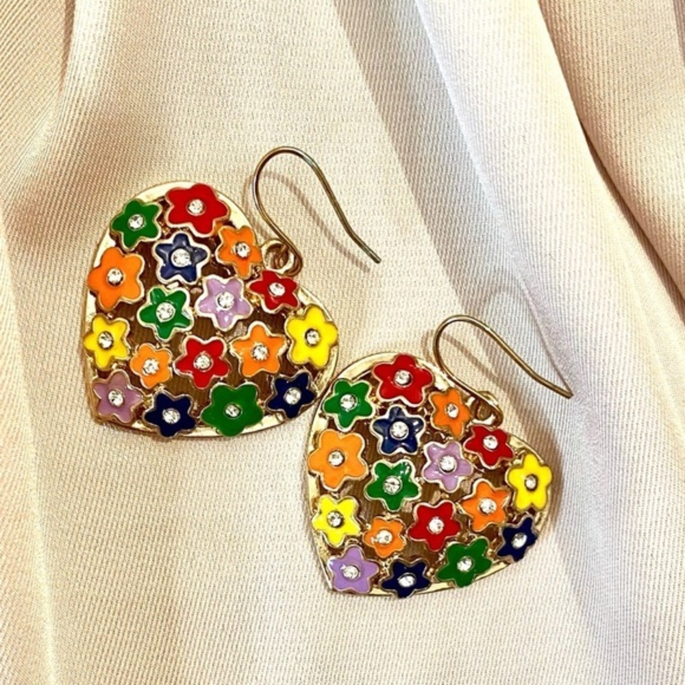 🆕Talisman crystal enamel heart  earring pendants, gold tone base 💖🌸🌼❤️ NWOT